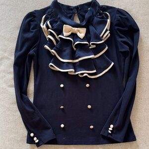 Navy Ruffled Long Sleeve Top with Cream Accents